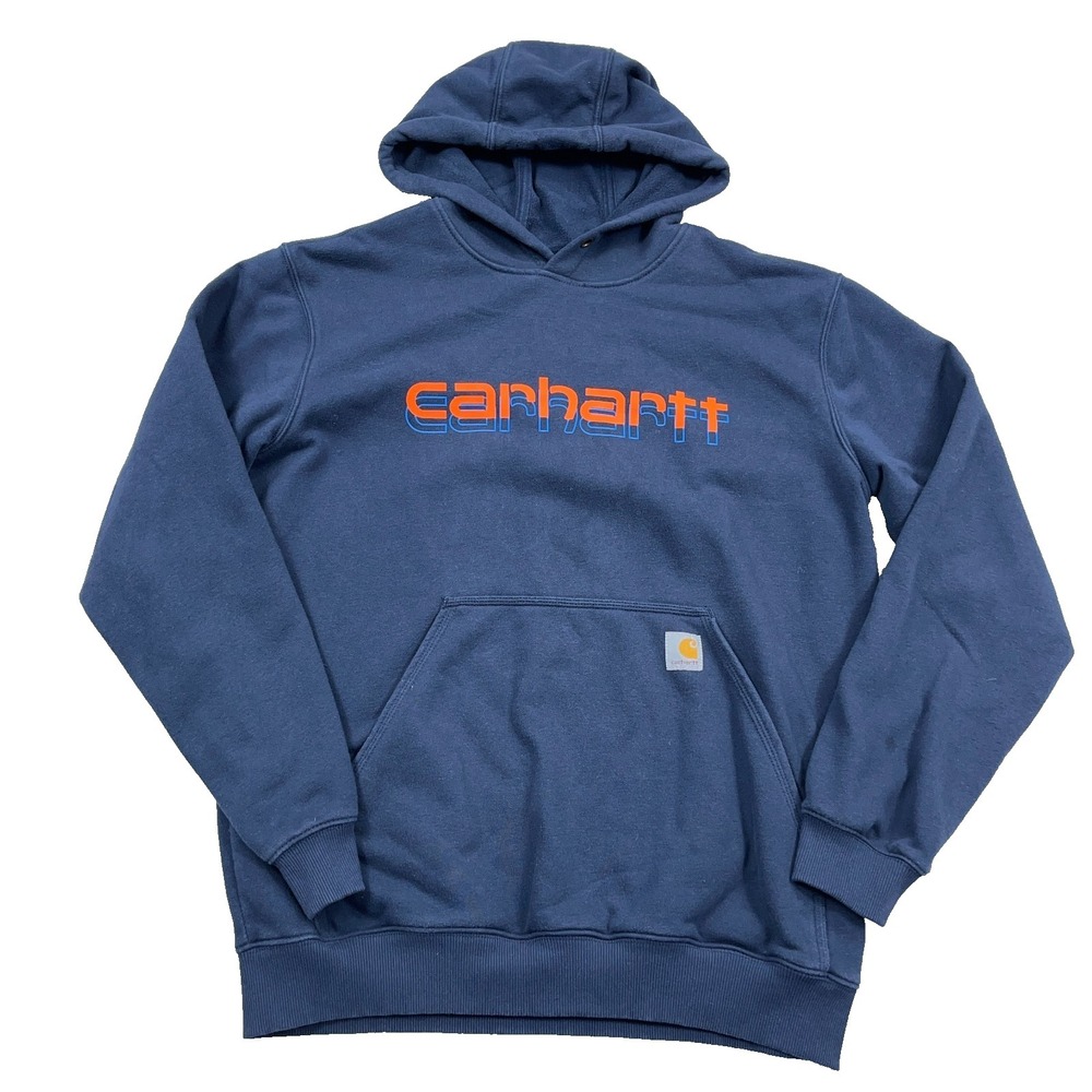 Carhartt Hoodie Men Medium Blue Sweatshirt Spell Out Loose Fit Rain Defender *